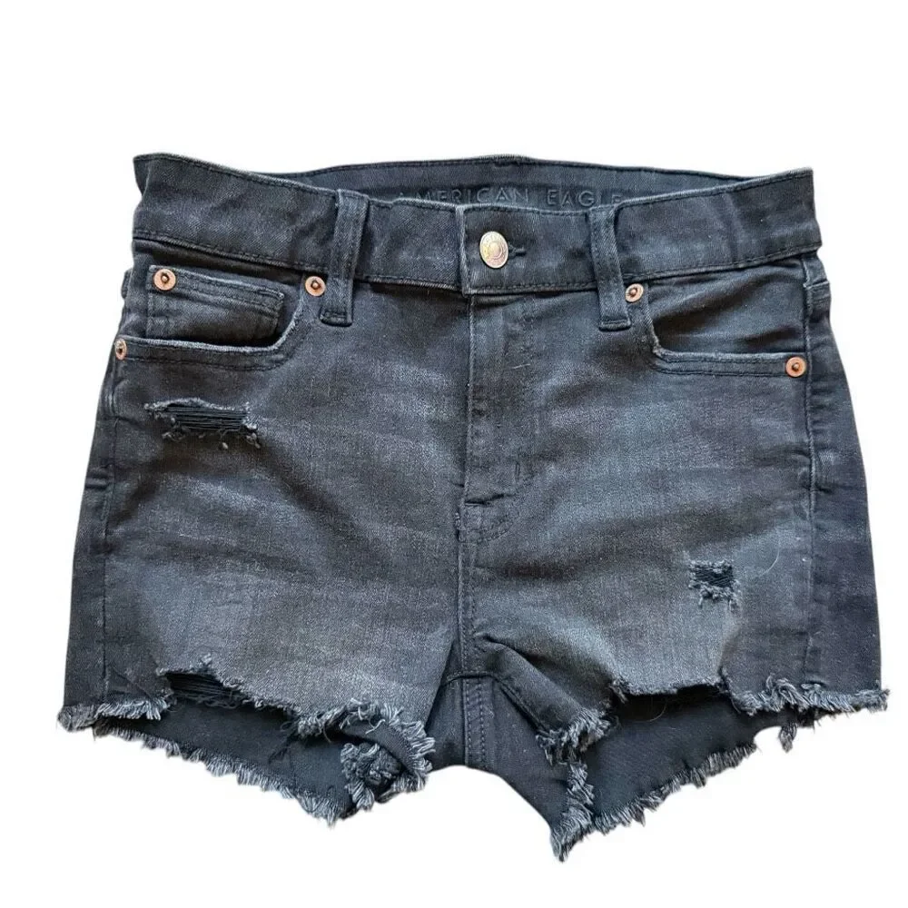 Womens American Eagle AEO Denim Hi-Rise Shortie Next Level Stretch Jean Shorts 0